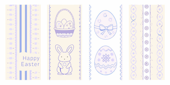 A pastel easter illustration featuring bunnies eggs and decorative borders