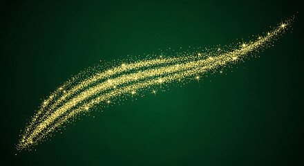Golden glitter particles trail on dark green background for festive design and abstract celebration background