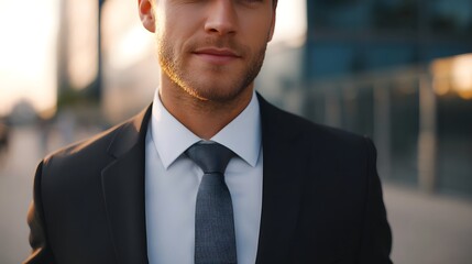 Naklejka premium Confident businessman in a suit close up in a modern urban environment at golden hour