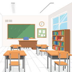 Classroom with desks and bookshelves.