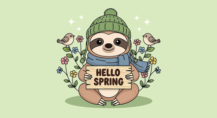 Fototapeta premium Cute Sloth Wearing Beanie and Scarf Holding Hello Spring Sign Vector Illustration.