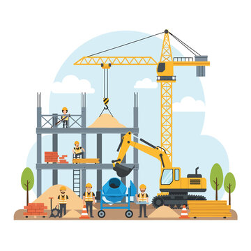 Construction Site with Crane and Excavator.