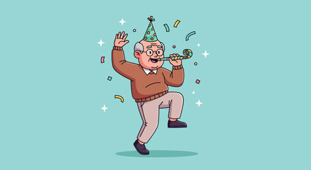 Obraz premium Happy senior man celebrating with party hat and horn.