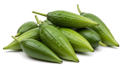 Fresh green pointed gourds with water droplets on white background
