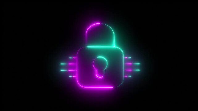 Futuristic neon digital lock icon with data lines for cyber security internet, safety first shield binary interface web security electronic guard.