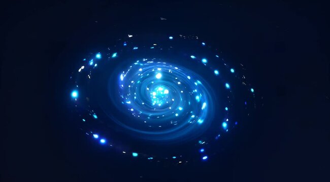 Blue Cosmic Spiral Galaxy Swirl Illuminates Deep Space in Abstract Night Sky.