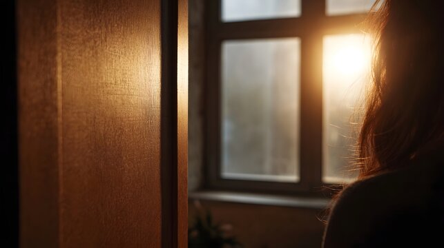 Silhouette of a person looking out a window bathed in warm sunlight indoor scene with rich light