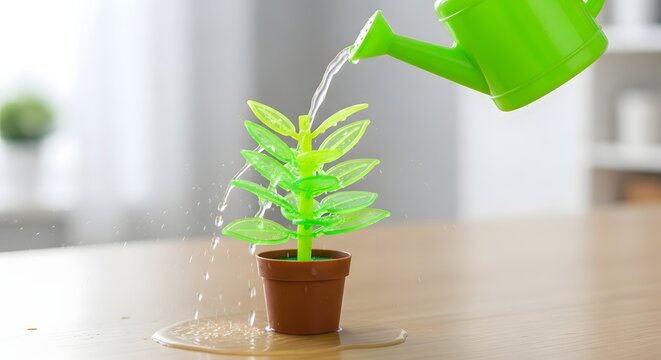 A vibrant green watering can cascades water over a synthetic plastic sprout, serving as a powerful visual metaphor for the futility of nurturing artificiality and hollow growth