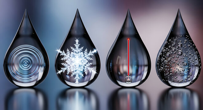 water states concept four transparent drops illustrating waters phases from liquid ripples and frozen ice to high temperature and boiling vapor for science education.