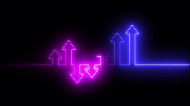 Neon glowing arrows pointing up and down  representing growth and statistics arrows, neon growth success financial statistic graph market.