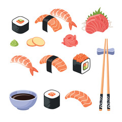 Assorted Sushi and Japanese Cuisine Elements. © Uswah