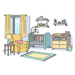 Nursery Room with Crib and Furniture.