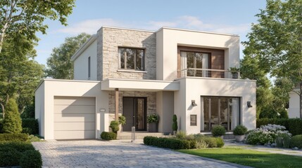 Fototapeta premium A modern, two-story house with a white exterior and stone accents, featuring a large driveway and a lush green lawn.