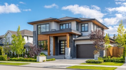A modern, two-story house with a gray and white exterior, featuring large windows and a wooden front porch.