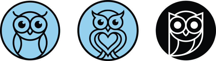 Fototapeta premium Cute owl logo collection with minimalist line art bird mascot icons for branding identity badge vector