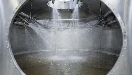 Medium shot of automated cleaninplace system with spray nozzles efficiently washing fertilizer mixer interior highlighting precision and hygiene in industrial processing.