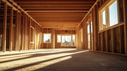 A spacious, unfinished room with wooden walls and beams, featuring large windows and exposed ceiling beams.