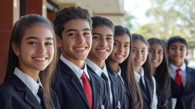 A group of students standing in a line, wearing school uniforms.
