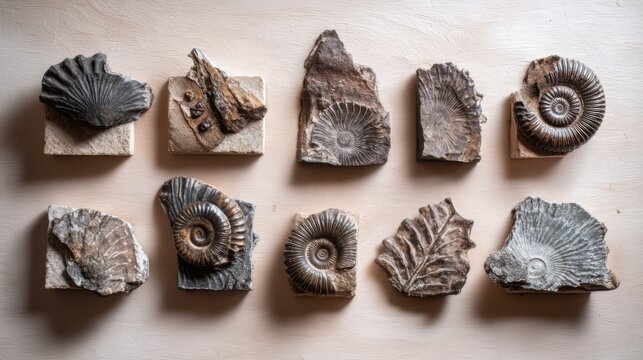 collection of ancient fossils displayed in organized grid on soft sand colored background, ammonite fossil shell, trilobite fossil, dinosaur bone