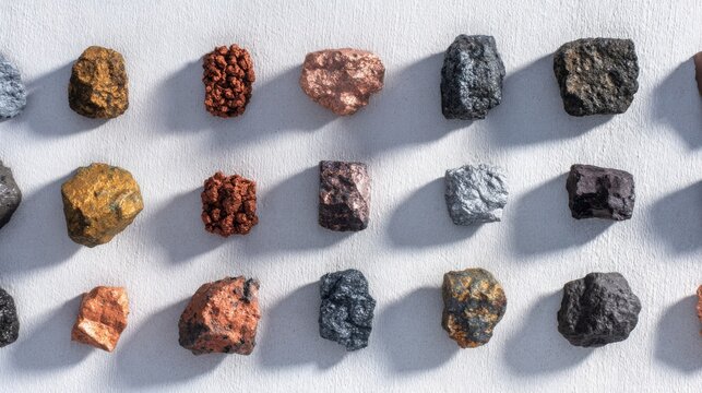 collection of industrial metal ores arranged in organized rows on light stone background, iron ore, copper ore, aluminum bauxite, nickel ore, zinc
