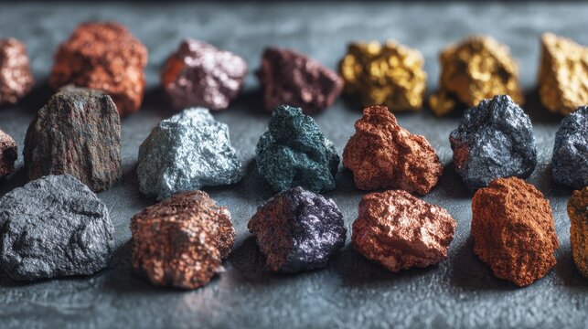 collection of industrial metal ores arranged in organized rows on light stone background, iron ore, copper ore, aluminum bauxite, nickel ore, zinc