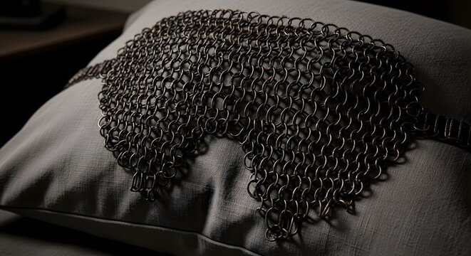 A chainmail eye mask resting on a soft pillow serves as a striking metaphor for the heavy weight of guarded rest and the iron-clad defenses people maintain even in their sleep