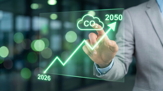 Businessman Touching CO2 Emission Reduction Chart Photo for Net Zero 2050 Sustainability Goals