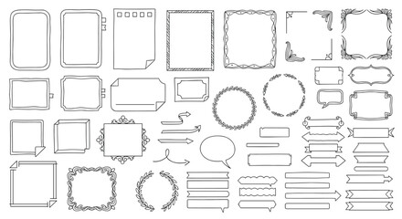 Comprehensive collection of hand drawn sketch frames, decorative borders, arrows, speech bubbles, and ribbon banners on white.