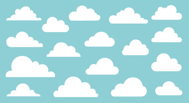Large collection of various simple white cloud shapes scattered across a solid light blue sky background for flat design projects.