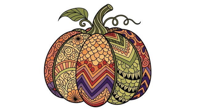 Detailed illustration of a pumpkin decorated with intricate colorful zentangle and geometric patterns for autumn or halloween decor.