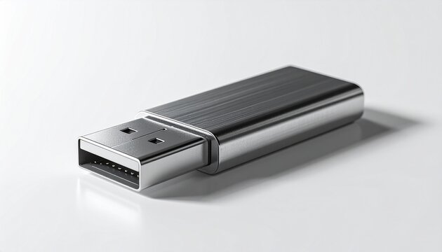 Detailed close-up of computer USB flash drive placed diagonally, data storage concept, realistic product photography, dramatic lighting, isolated on pure white background, 8k ultra sharp detail