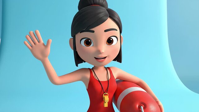 3D cartoon lifeguard character waving hand while holding a red rescue buoy.