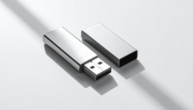 Detailed close-up of computer USB flash drive placed diagonally, data storage concept, realistic product photography, dramatic lighting, isolated on pure white background, 8k ultra sharp detail