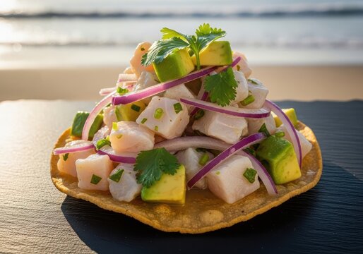 Delicious seafood tostada with avocado and red onion on a plate outdoors by the beach