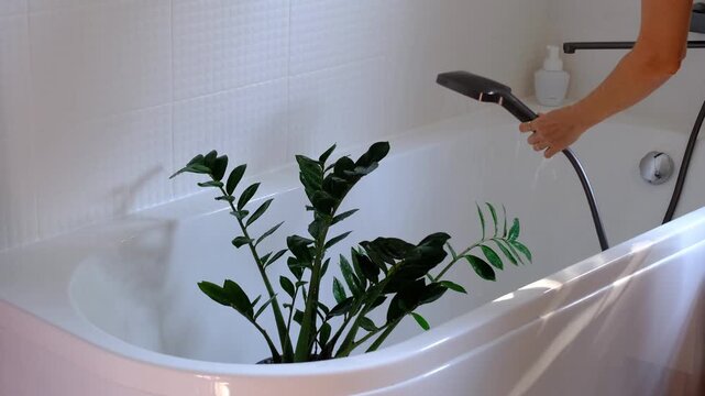 Zamioculcas zamiifolia houseplant it stands under water jets in bathroom for washing. Care of potted plants, watering, dusting, humidification