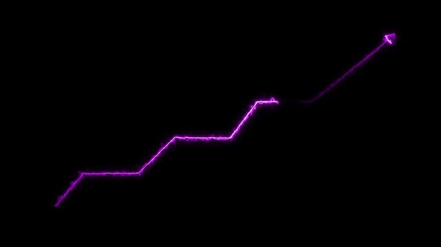 Business growth arrow neon bright line purple color animation. Abstract dashed arrow pointing upwards, showing growth and progress black backgrond 4k video. 