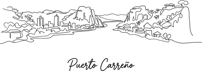 Fototapeta premium Puerto Carreno Colombia skyline continuous line drawing landscape vector illustration