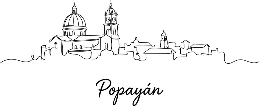 Popayan Colombia city skyline featuring Cathedral Basilica continuous line drawing vector
