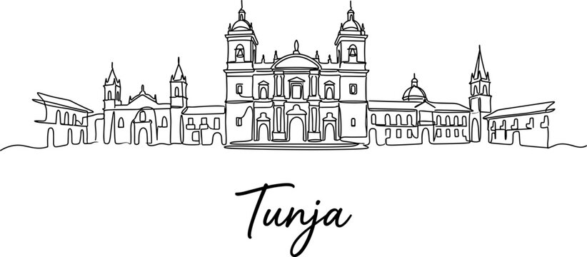 Tunja Colombia city skyline with historic cathedral architecture continuous line drawing