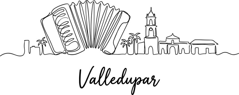 Valledupar Colombia city skyline with accordion continuous line art vector illustration