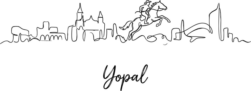 Yopal city skyline with horseman statue and landmarks in minimalist continuous line art style