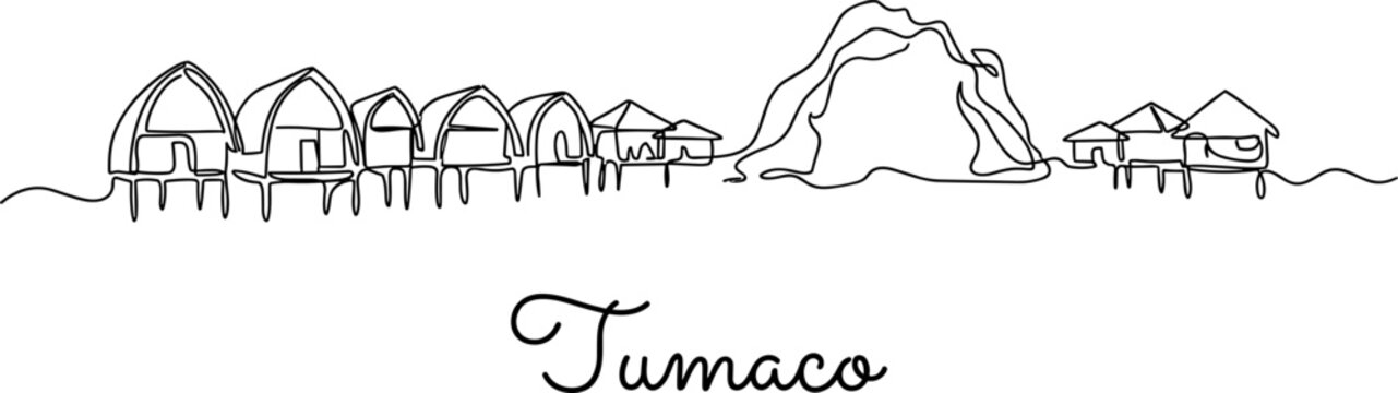 Continuous line drawing of Tumaco coastal stilt houses and mountain vector illustration