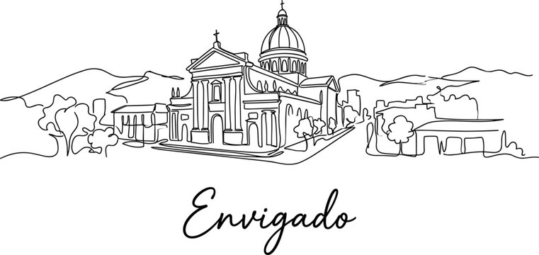 Envigado Colombia skyline featuring Santa Gertrudis church in minimalist one line art vector illustration