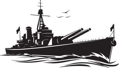 Silhouette of a military battleship sailing on ocean waves vector . © Rizvi