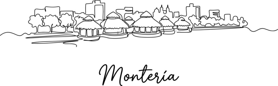 Monteria Colombia city skyline with buildings and trees continuous line drawing vector