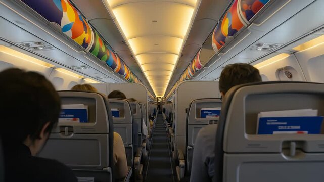 Interior view from a passenger seat of a commercial airplane cabin with colorful overhead compartments and seated travelers during a daytime flight.