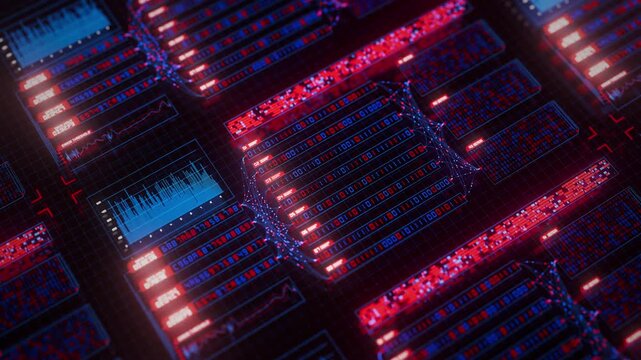 Top view on Abstract big data flow visualization of binary neural network learning process. Quantum computing of artificial intelligence. Futuristic digital ai technology algorithm.
