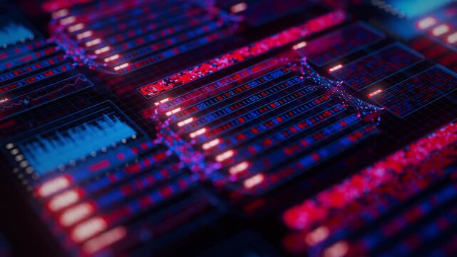 Abstract big data flow visualization of binary neural network learning process. Quantum computing of artificial intelligence. Futuristic digital ai server technology algorithm of data stream.