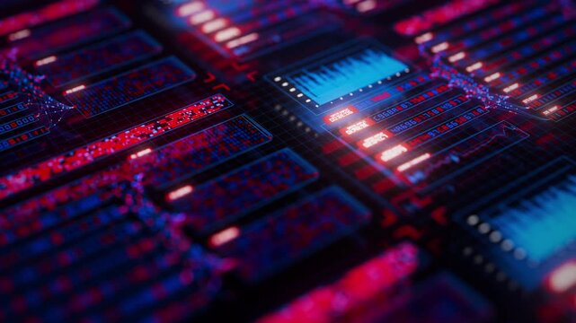 Pan over Abstract big data flow visualization of binary neural network learning process. Quantum computing of artificial intelligence. Futuristic digital ai server technology algorithm.