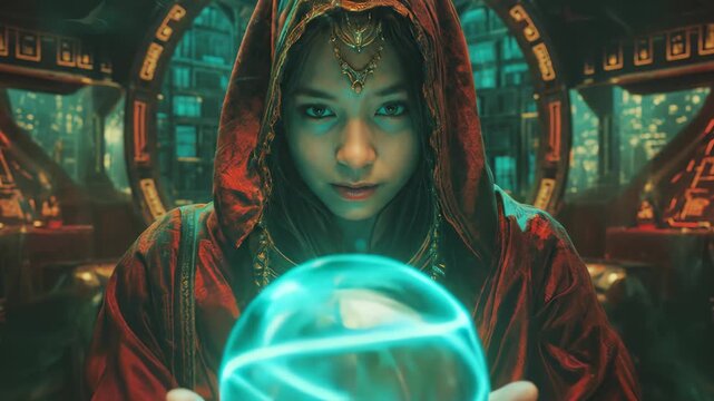 A powerful female mage wearing a red hood holds a luminous magical sphere of blue energy within an ornate golden portal in a futuristic temple of technology and mysticism.